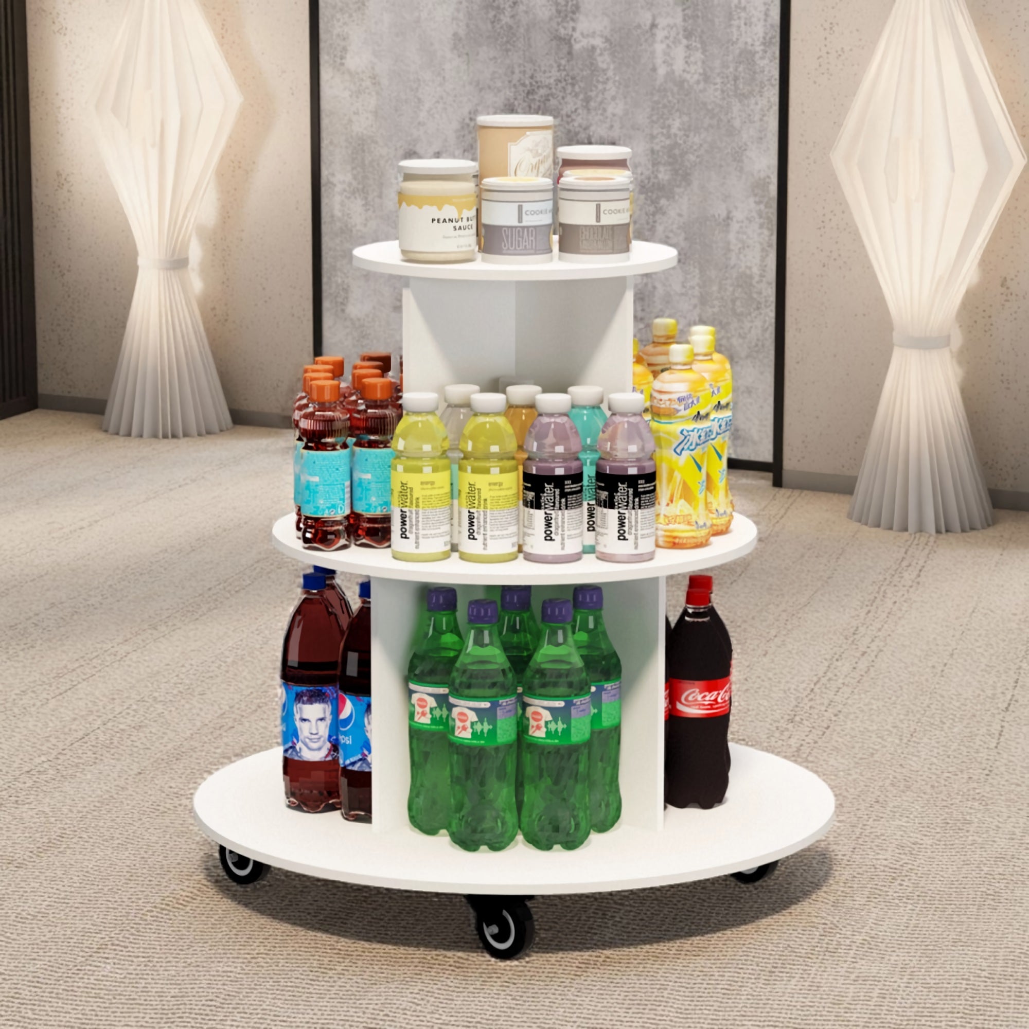 3-Tier Rotating Display Cart, Multifuctional Mobile Stand with 360° Rotating Wheels for Drinks, Snacks, Cosmetics, Toys (Round) 3-Tier Rotating Display Cart, Multifuctional Mobile Stand with 360° Rotating Wheels for Drinks, Snacks, Cosmetics, Toys (Round)